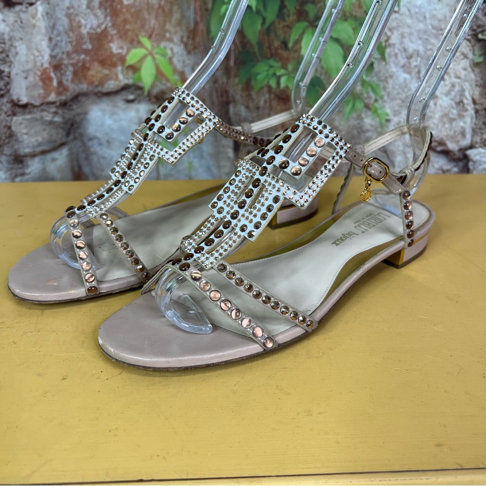 LORIBLU BIJOUX Luxury Tan and Gold Embellished Leather Italian Sandals, 39 - Picture 12 of 15